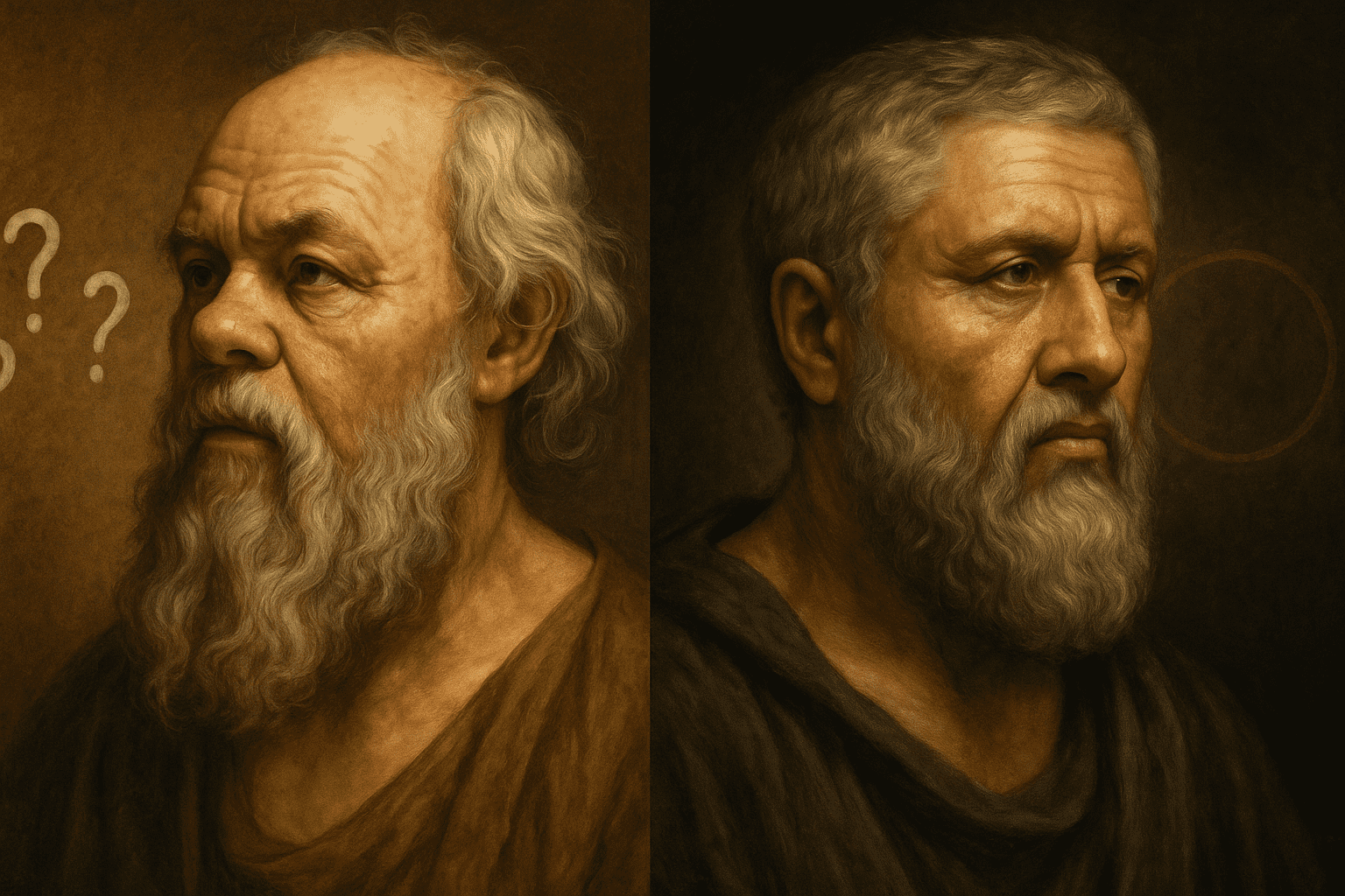 Foto-realistički portret Sokrata i Platona s aluzijom na Adler