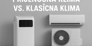 Prijenosna klima i klasična klima prikazane jedna pored druge na sivoj pozadini