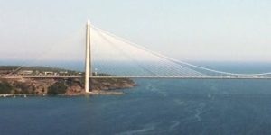 A stunning aerial view of the Bosphorus Bridge over the blue waters of Istanbul.